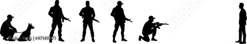 Vektor Körper Silhouette Design Element - Polizei - Team einer Spezialeinheit mit Maschinengewehren und Polizeihund - Sonderkommando im Einsatz - Profil - Zugriff beim Täter