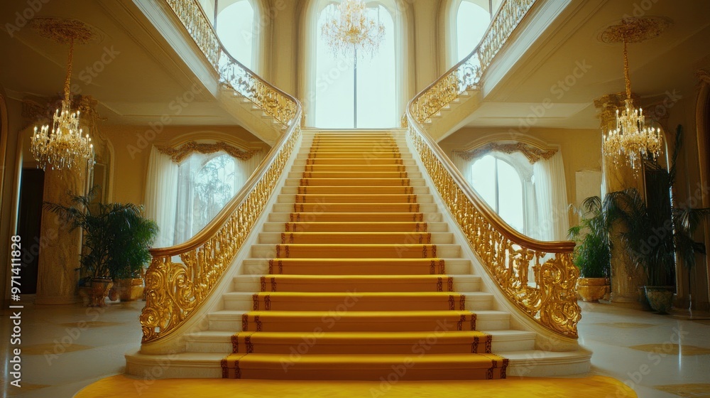 Obraz premium Luxury staircase with gleaming golden railings and a plush yellow carpet, creating an opulent, regal atmosphere.