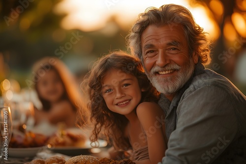 At a lively outdoor dinner, a smiling grandfather has fun with his grandkids, holding them on his lap and enjoying the spread of food and drinks.