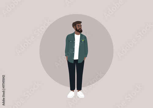 Dressed in a relaxed shirt and stylish pants, a bearded man stands confidently, exuding a laid-back vibe that highlights contemporary fashion and effortless style in a minimalistic setting