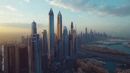 Metropolis skyline from a dronea perspective, offering a stunning aerial view of a vibrant, modern cityscape with towering buildings. photo