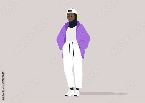The young woman in hijab confidently sports a vibrant purple jacket with relaxed white pants and sporty shoes, blending athleticism with cultural pride in the outdoors