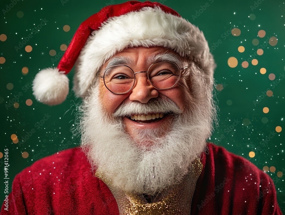 Naklejka premium Babbo Natale with a big smile, dressed in a red suit with gold accents, standing against a vibrant green background filled with festive light bokeh.