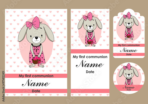 First communion card, bookmark, label and sticker set for girl. Rabbit with dress and basket of flowers
