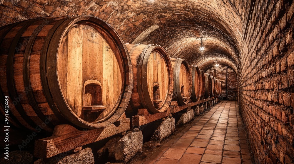 Old wooden barrels lining the walls of a rustic wine vault, creating a sense of tradition and craftsmanship in winemaking Old wooden barrels lining the walls of a rustic wine vault, creating a sense of tradition and craftsmanship in winemaking