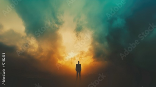 Facing my Faith. Silhouette of a man standing in the middle of the clouds.