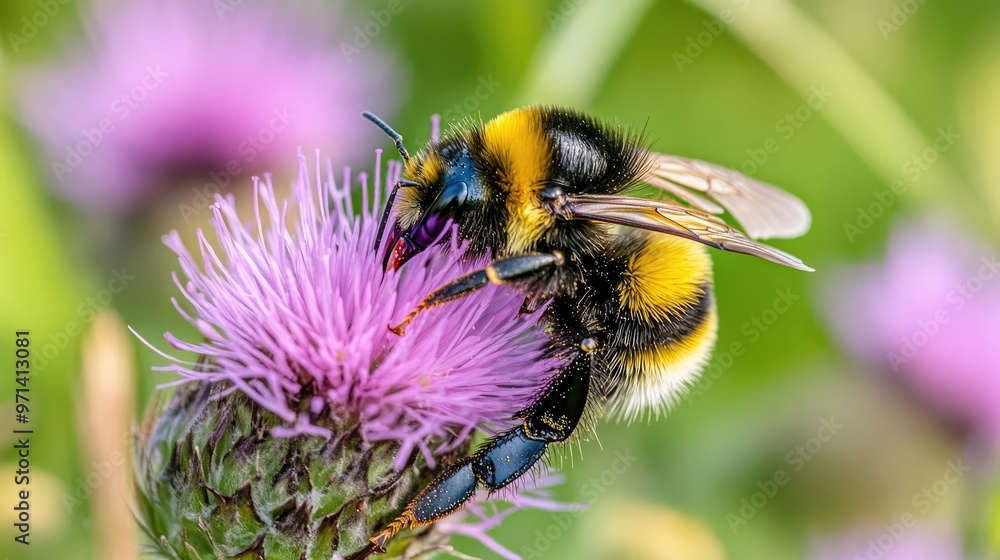 A close-up of a bumblebee collecting nectar from a pink thistle flower. A close-up of a bumblebee collecting nectar from a pink thistle flower.