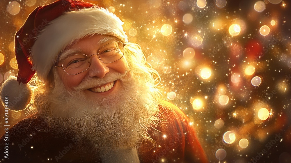 Santa Claus smiling warmly, set against a background of twinkling fantasy lights, embodying the cheerful holiday spirit. Santa Claus smiling warmly, set against a background of twinkling fantasy lights, embodying the cheerful holiday spirit.