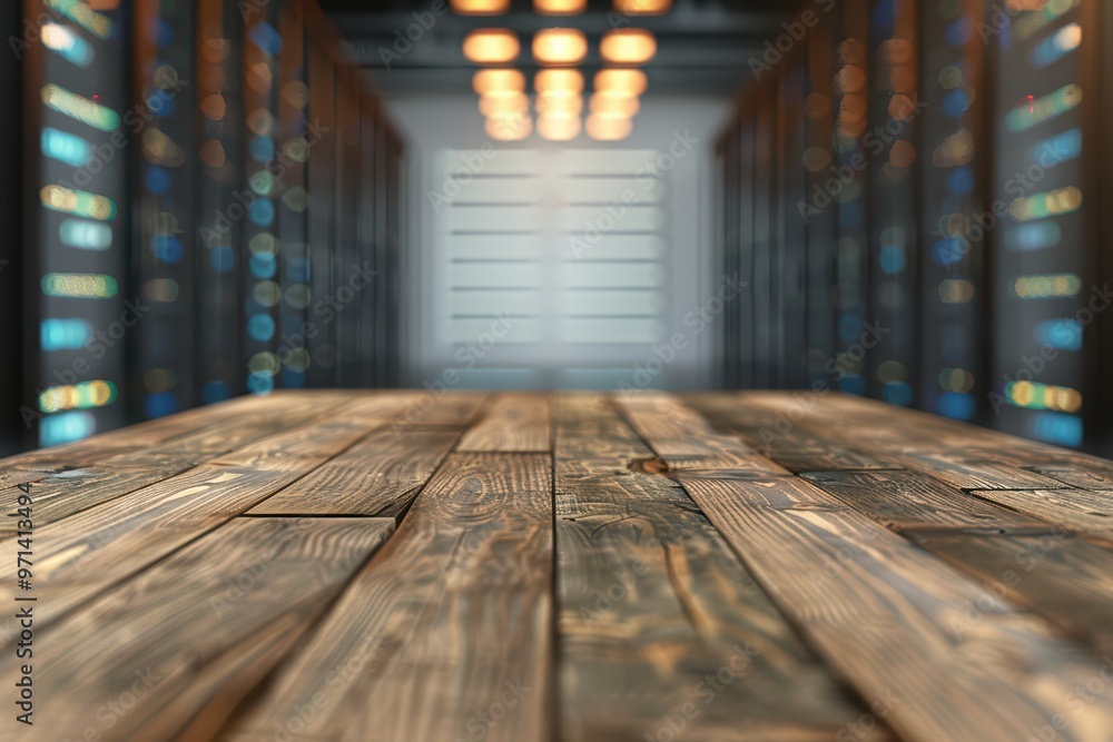 A wooden table view in a modern server room with illuminated racks and soft focus in the background, showcasing technology and design. A wooden table view in a modern server room with illuminated racks and soft focus in the background, showcasing technology and design.