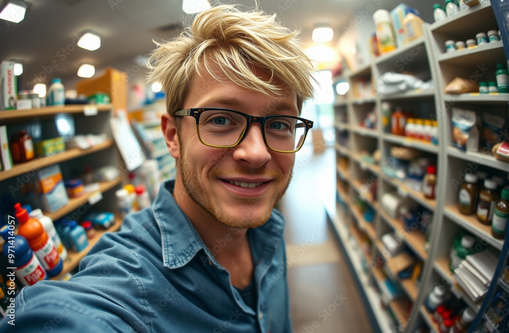 a fair-haired European man wearing glasses between shelves with goods a fair-haired European man wearing glasses between shelves with goods