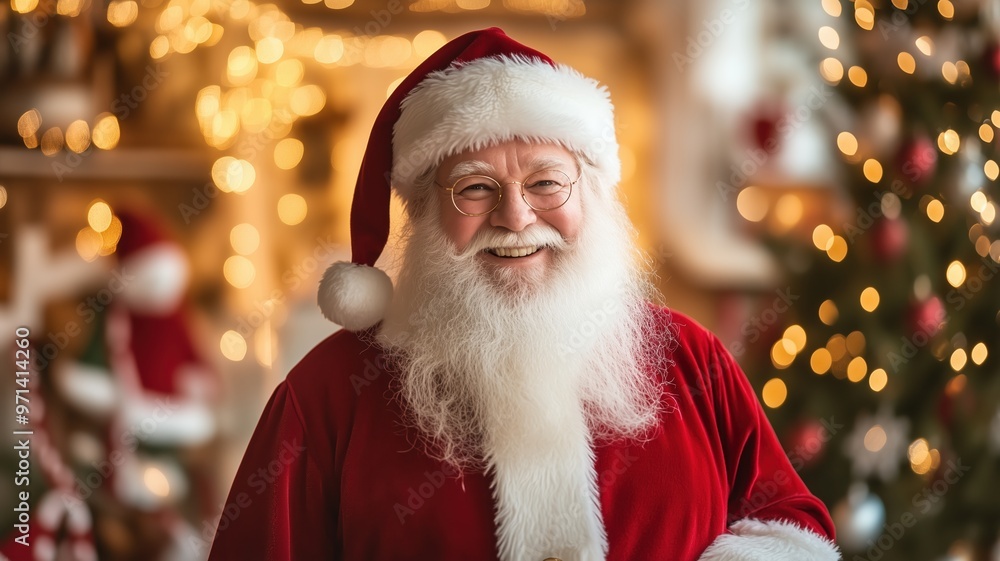 A jolly Santa Claus, smiling warmly, stands near a Christmas tree adorned with festive lights, creating a cozy holiday atmosphere. A jolly Santa Claus, smiling warmly, stands near a Christmas tree adorned with festive lights, creating a cozy holiday atmosphere.