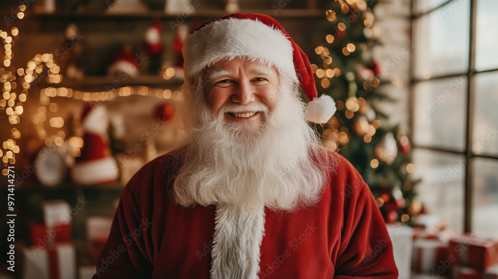 A jolly Santa Claus, smiling warmly, stands near a Christmas tree adorned with festive lights, creating a cozy holiday atmosphere. A jolly Santa Claus, smiling warmly, stands near a Christmas tree adorned with festive lights, creating a cozy holiday atmosphere.