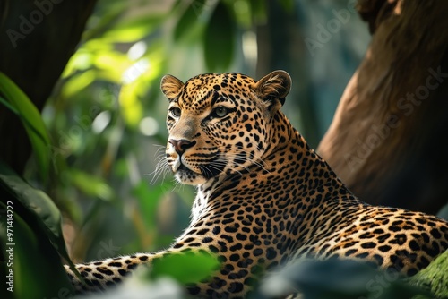 a large leopard laying in the middle of a forest