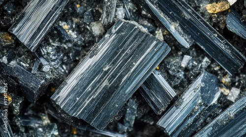 Close-up shot of black tourmaline crystals with a rough, textured surface. photo