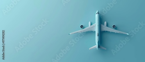 Aerial view of a blue aircraft on a serene background, perfect for travel, aviation, and transportation themes.