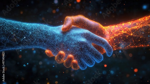 Virtual and real handshake, representing online transactions, agreements, and the merging of digital and physical worlds