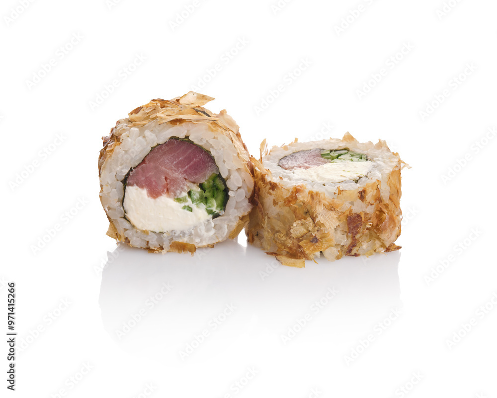 Sushi rolls with tuna and cream cheese wrapped in crispy flakes on a white background Sushi rolls with tuna and cream cheese wrapped in crispy flakes on a white background