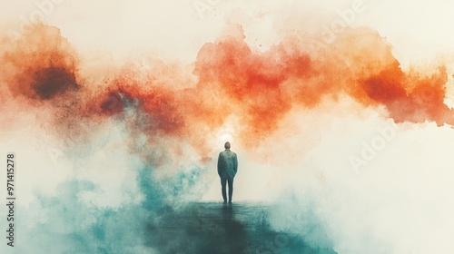 Facing my Faith. Rear view of a businessman standing on a path leading to a red and blue cloud of smoke.