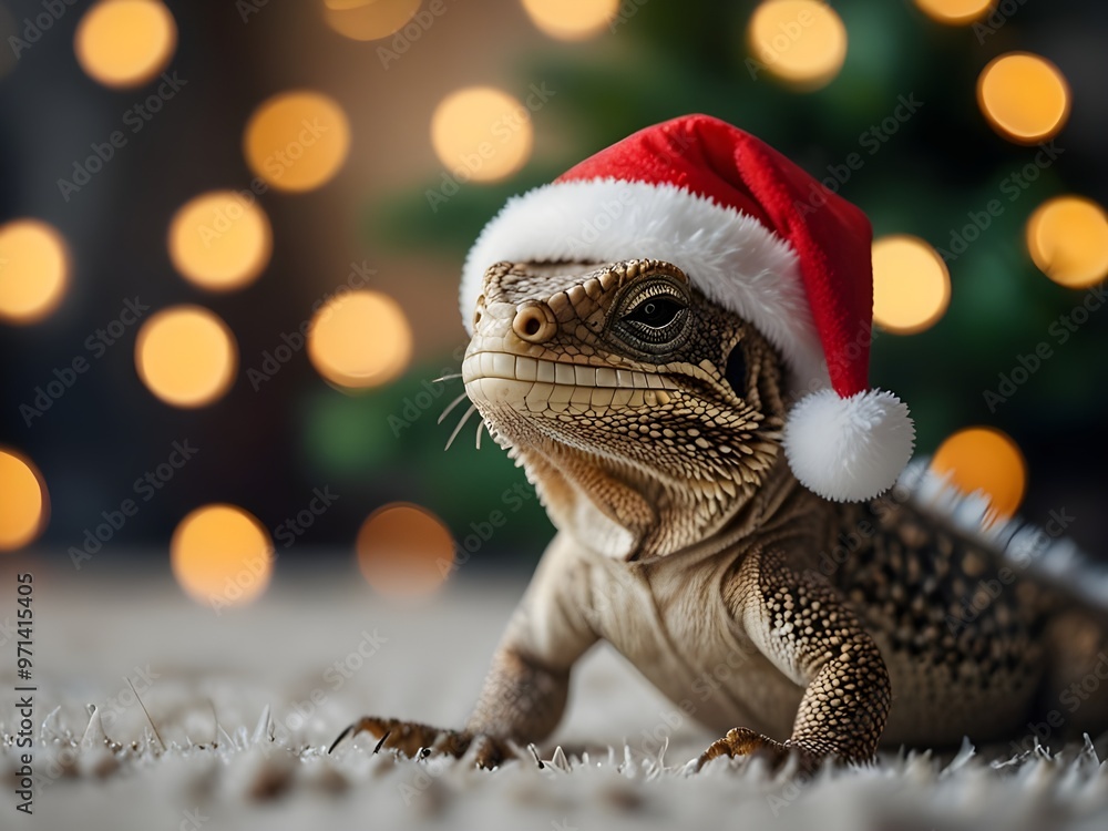 Cute lizard in santa hat and christmas tree with bokeh background Cute lizard in santa hat and christmas tree with bokeh background