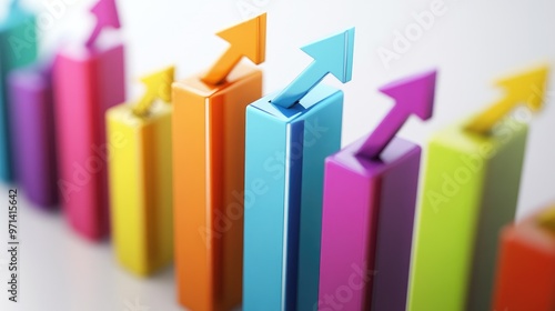 A 3D-rendered bar graph representing financial growth, with vibrant colors and arrows pointing upwards on a white background, symbolizing economic progress.