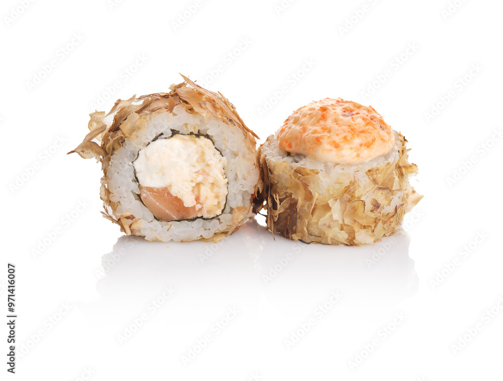Delicious sushi rolls with crispy flakes and creamy filling, presented on a clean white background Delicious sushi rolls with crispy flakes and creamy filling, presented on a clean white background