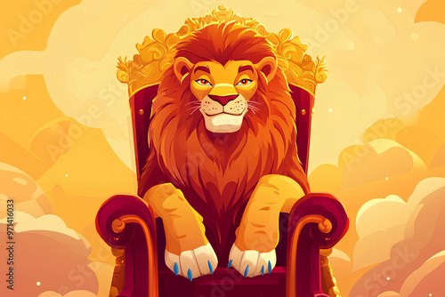 A majestic lion sits regally on a golden throne against a warm, cloud-filled background. photo