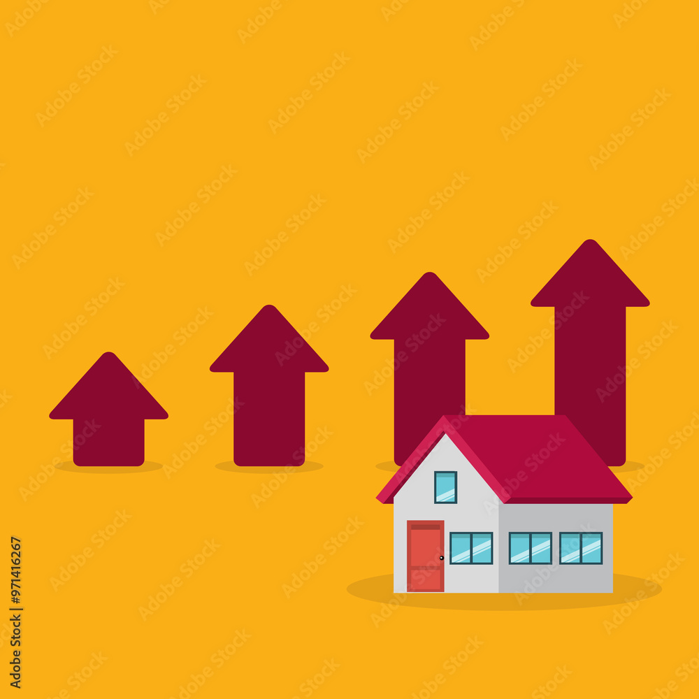 Arrows rise up above the house. The concept of growth in demand for real estate. Increase in the value of property Arrows rise up above the house. The concept of growth in demand for real estate. Increase in the value of property