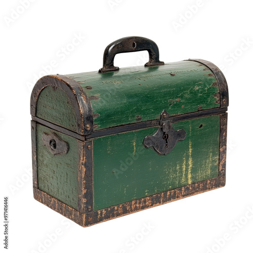 Vintage green wooden treasure chest with a rustic finish, perfect for adding character to any decor or storage solution. transparent background