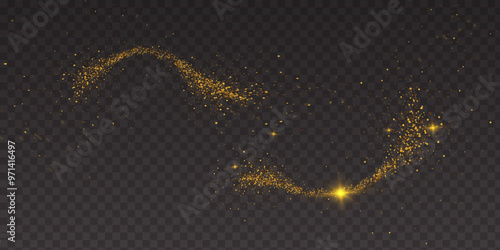 Magic gold dust trail with star shaped sparkles on dark transparent background. Realistic vector illustration of circle and wave path of shine glitter and shimmer particles. Can be used as png