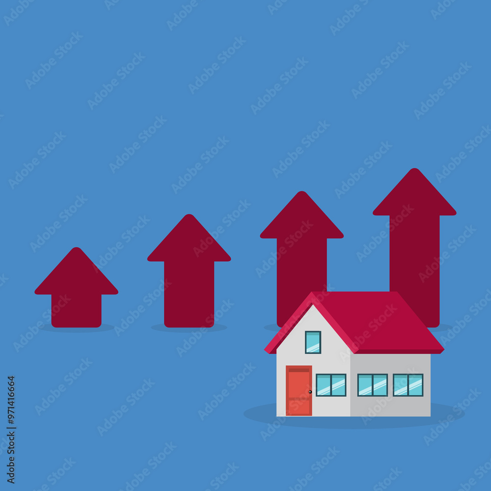 Arrows rise up above the house. The concept of growth in demand for real estate. Increase in the value of property Arrows rise up above the house. The concept of growth in demand for real estate. Increase in the value of property