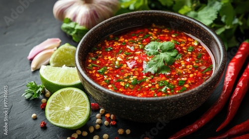 A bowl of spicy Thai chili sauce with fresh ingredients like garlic, lime, and chili peppers arranged beside it, ready to enhance a traditional meal.