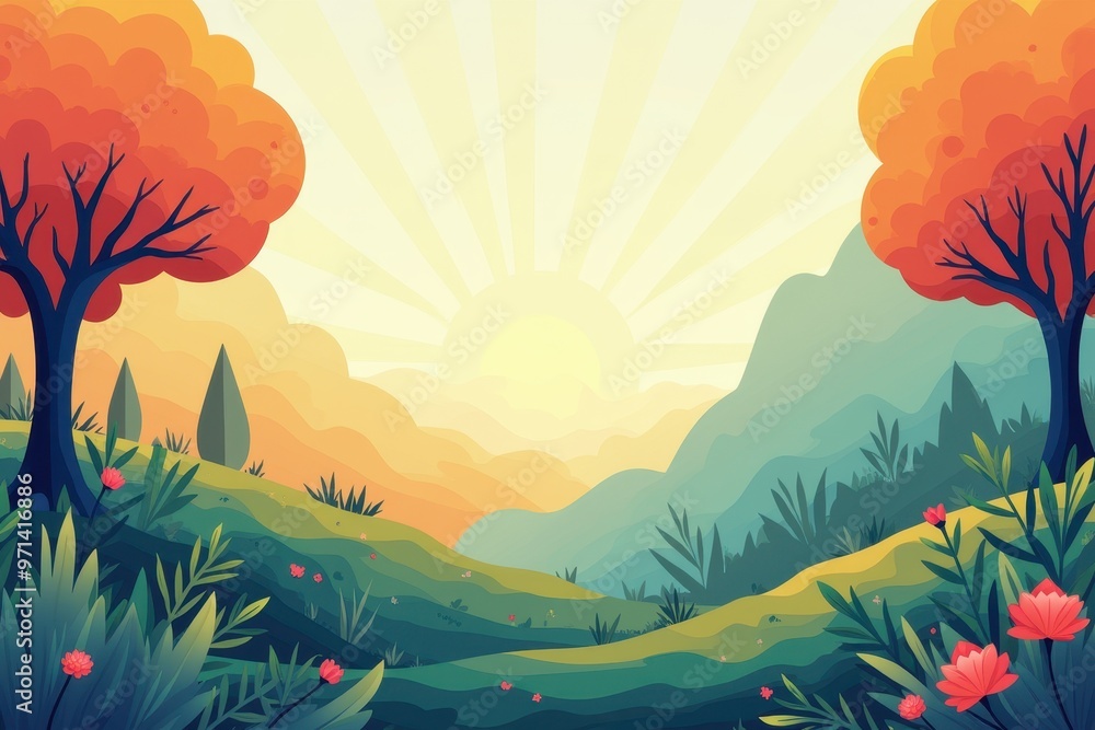 A Papercraft Landscape with Red Flowers and a Bright Sunrise A Papercraft Landscape with Red Flowers and a Bright Sunrise