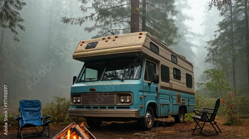 Retro blue rv camper parked in misty forest clearing campfire and chairs awaiting adventure