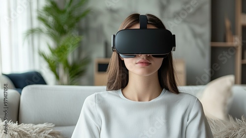 Immersed in the Metaverse: Person in VR Glasses in Minimalist Living Room with Branding Space