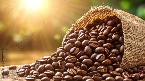 Spilled Coffee Beans, A burlap sack tipped over, rich coffee beans cascade onto a wooden surface, warm sunlight highlighting their glossy texture and earthy tones