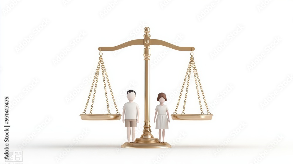 Balanced scales with family symbols, representing justice in society, flat design illustration Balanced scales with family symbols, representing justice in society, flat design illustration