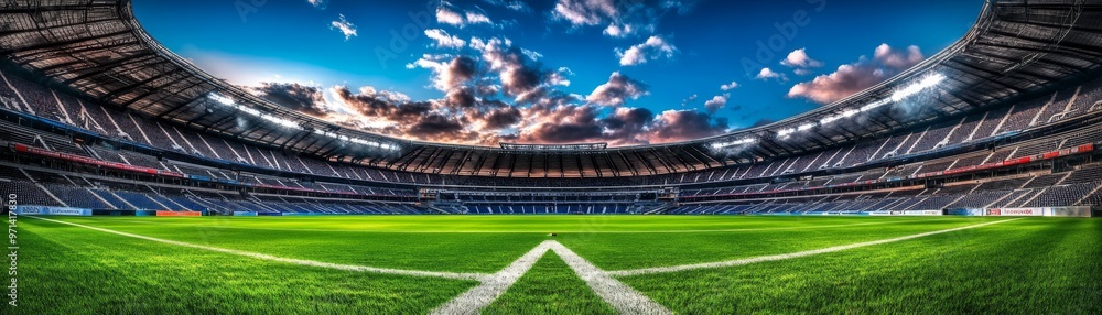 Fototapeta premium Stadium Vista, sweeping view from the centerline of Stadion 3, showcasing the expansive layout and vibrant atmosphere of the venue filled with sports energy.