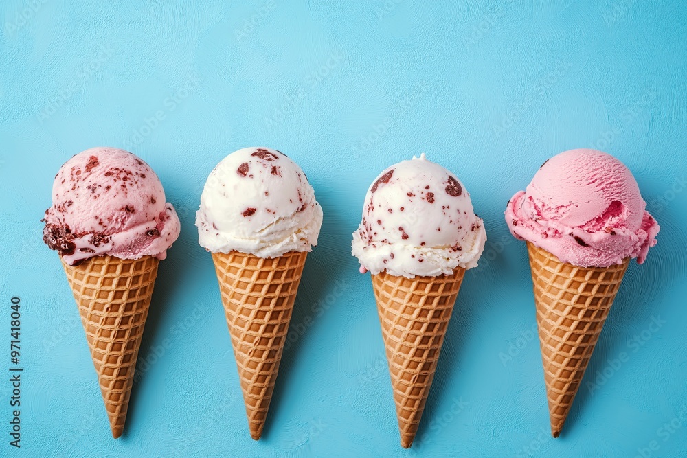 Three ice cream cones with vanilla, strawberry, and chocolate sprinkles Three ice cream cones with vanilla, strawberry, and chocolate sprinkles