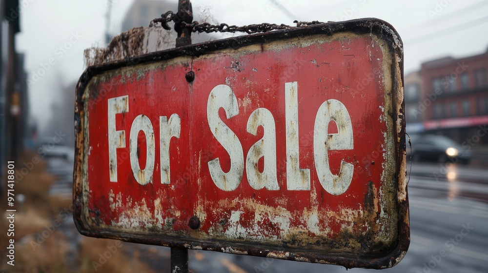 A weathered and rusted red For Sale sign hangs outdoors on a cloudy and foggy day, reflecting a sense of abandonment and urban decay