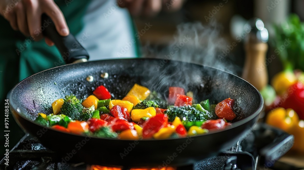 A chef stirring vegetables in a sizzling frying pan on high heat, with vibrant colors of the ingredients contrasting against the dark pan A chef stirring vegetables in a sizzling frying pan on high heat, with vibrant colors of the ingredients contrasting against the dark pan