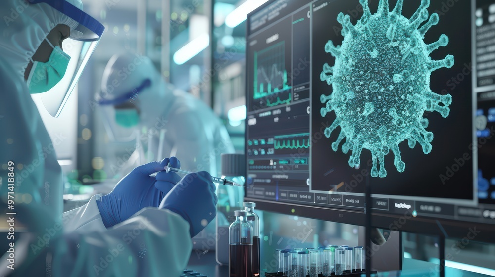 Scientist working in laboratory with virus model on screen, conducting research and analysis with safety equipment. Scientist working in laboratory with virus model on screen, conducting research and analysis with safety equipment.