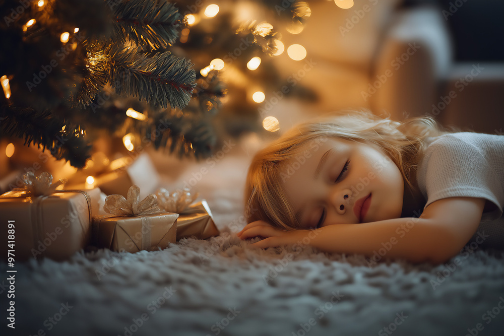 Little Caucasian girl sleeping under decorated Christmas tree, copy space Little Caucasian girl sleeping under decorated Christmas tree, copy space