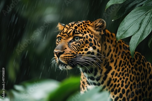 a close up of a leopard in the rain