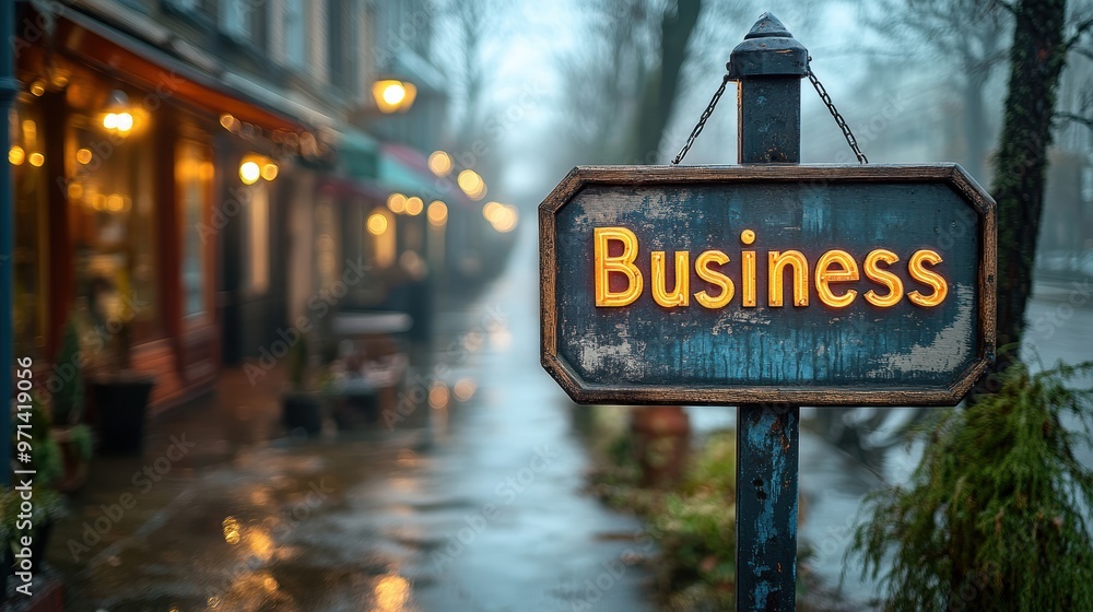 Obraz premium A weathered Business sign with bright neon letters stands prominently on a foggy, wet street lined with illuminated shops and trees in the background