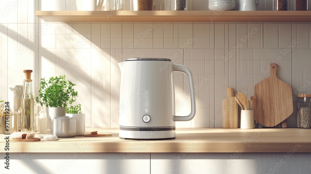 A classic electric kettle in a sleek kitchen setting, with a clear water level indicator and the kettle power switch turned on, demonstrating its functionality. A classic electric kettle in a sleek kitchen setting, with a clear water level indicator and the kettle power switch turned on, demonstrating its functionality.