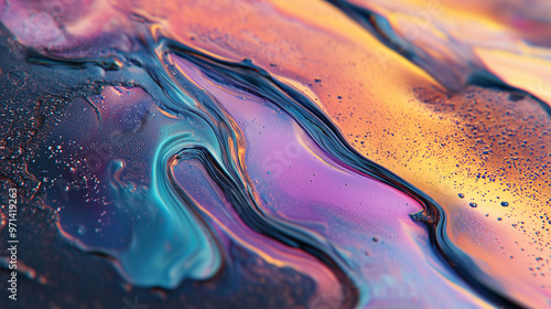 abstract liquid texture with shiny iridescent color metal waves, 