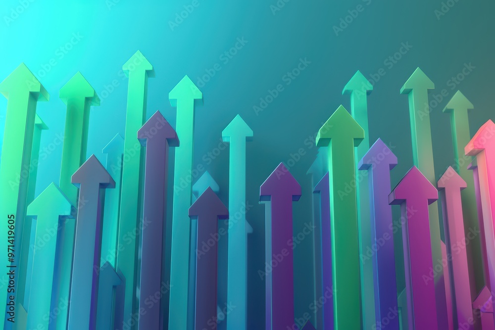 Vibrant 3D arrows pointing upwards, symbolizing growth, progress, and success with colorful gradients against a sleek background.