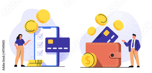 Woman and man stand next to icons wallet and credit card. Theme of credit and money