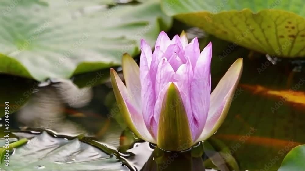 Time-lapse zoom of a water lily blooming on a calm water surface, with soft natural light reflecting off the water as the petals slowly unfold Time-lapse zoom of a water lily blooming on a calm water surface, with soft natural light reflecting off the water as the petals slowly unfold