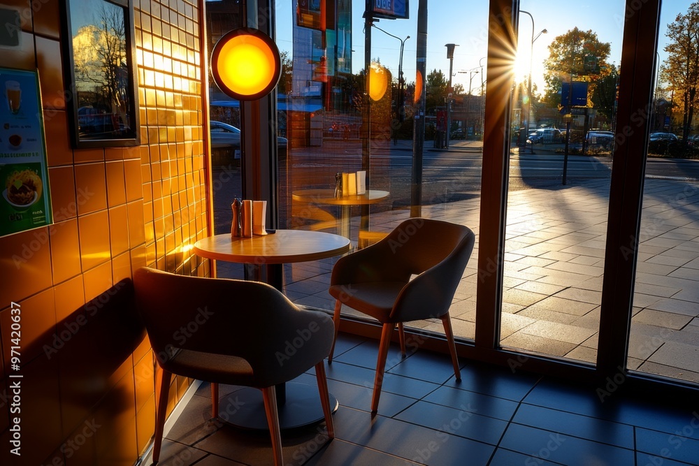 A café at dawn, with empty chairs and tables, and the soft morning light streaming through the windows A café at dawn, with empty chairs and tables, and the soft morning light streaming through the windows